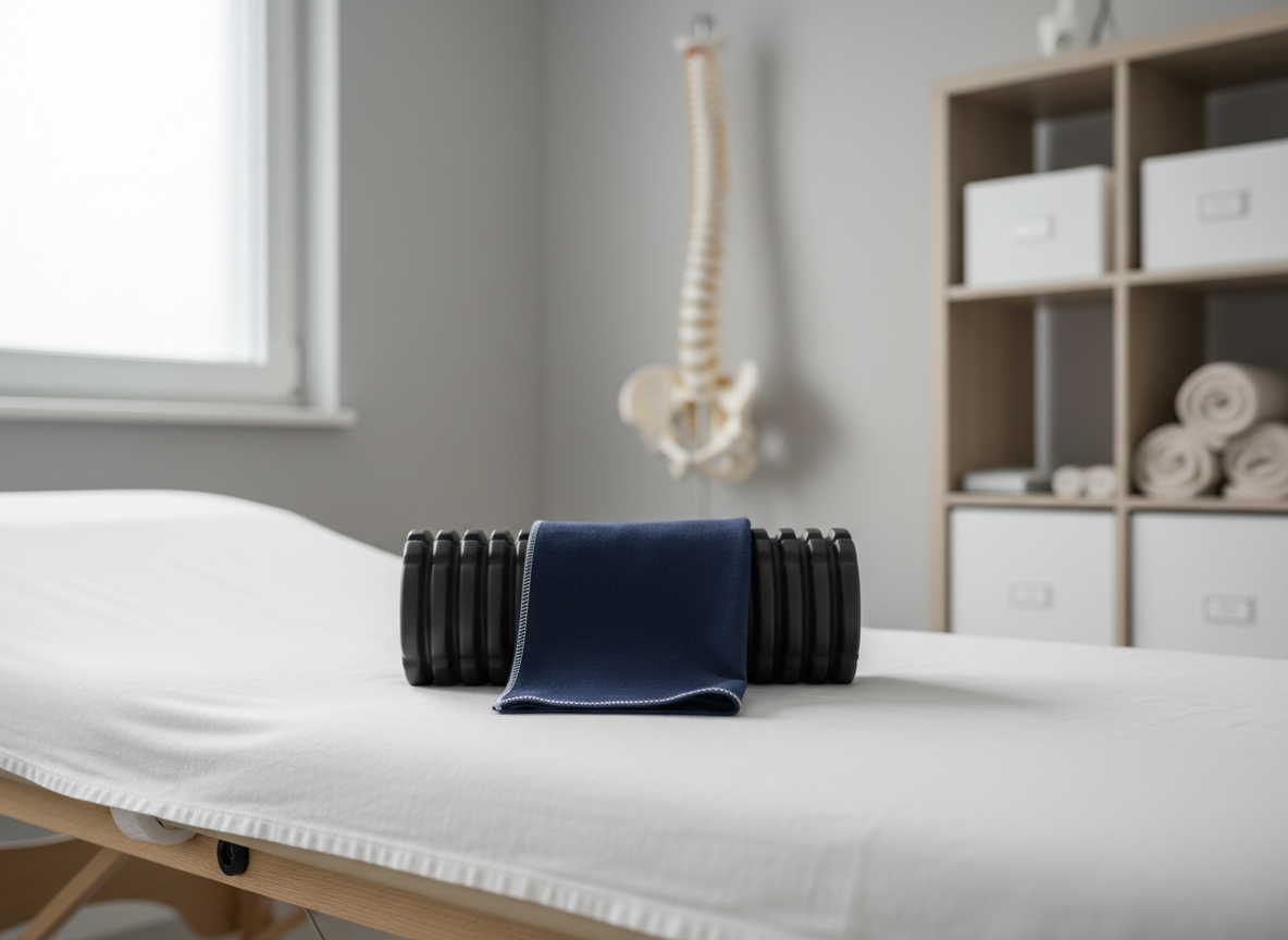 A neatly folded navy-blue resistance band draped over a matte black foam roller, both resting on a light oak therapy table with crisp white linens. In the background, a clean, modern treatment room features pale gray walls, a wall-mounted anatomical spine model, and neatly organized shelves with labeled storage boxes and rolled towels. Soft natural daylight filters through a frosted window, creating gentle, diffused highlights on the roller’s textured surface and subtle shadows along the table edges. Photographic realism with a professional, clinical yet welcoming atmosphere, shot at eye level with a shallow depth of field that keeps the tools in sharp focus while the room softly blurs into the background, emphasizing movement, recovery, and precision care.