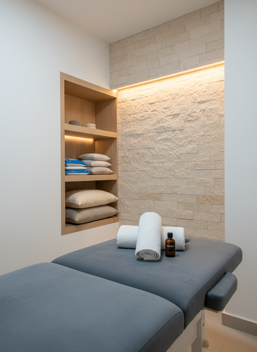 A serene recovery corner featuring a plush, slate-gray therapy table angled diagonally, with a neatly folded white towel and a small, dark glass bottle of massage oil placed near the headrest. Behind it, a textured light stone accent wall contrasts with smooth white side walls. A discreet shelving unit holds hot and cold packs, neatly stacked, alongside a few neutral-toned cushions. Warm, indirect LED strip lighting runs along the upper edge of the wall, creating a soft, ambient glow without harsh hotspots. Photographic realism with an eye-level composition and moderate depth of field captures a calm, restorative atmosphere that communicates comfort, pain relief, and high-end manual therapy care.
