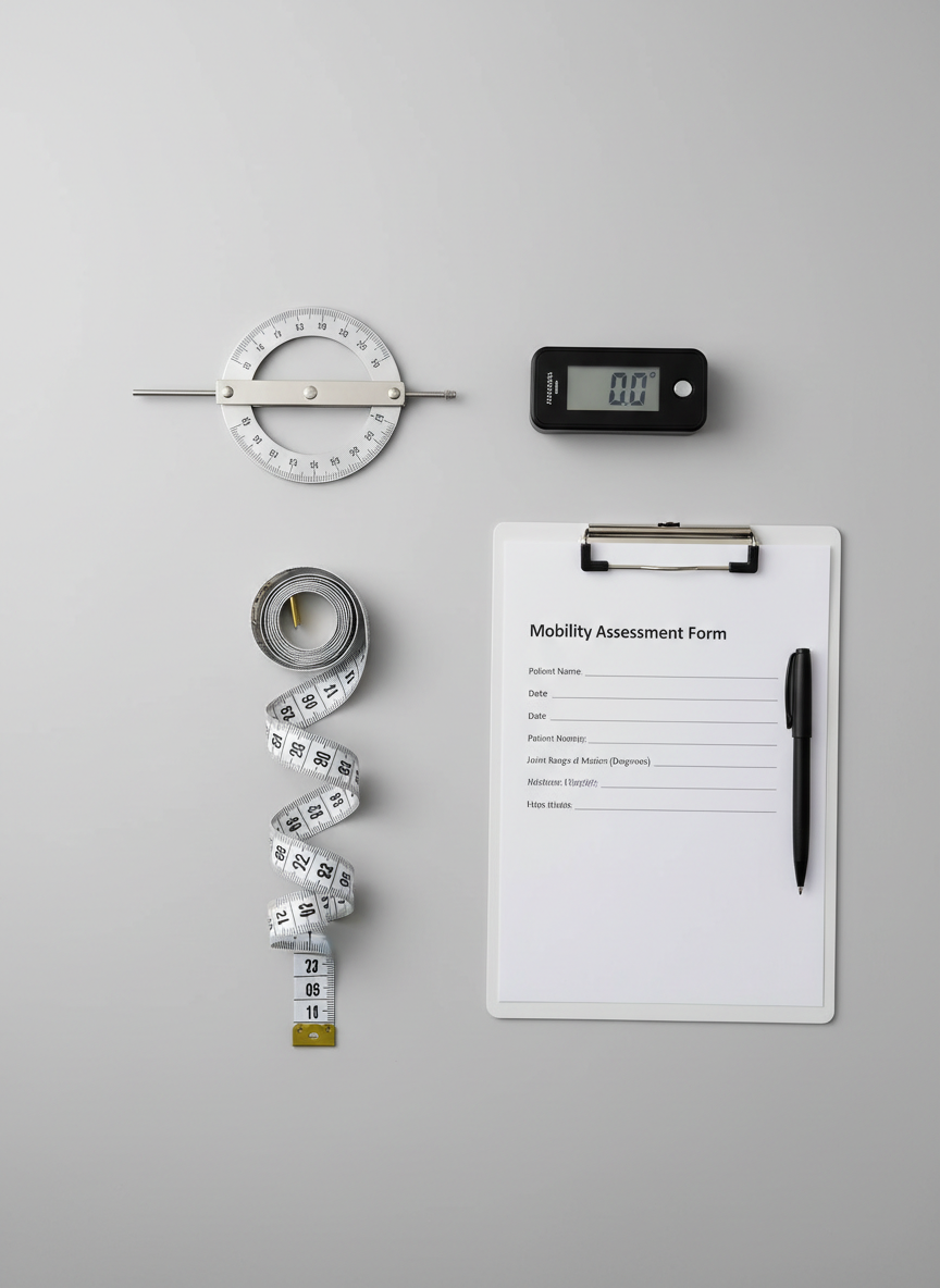 A flat-lay composition of manual therapy assessment tools arranged precisely on a smooth, light gray surface: a stainless steel goniometer, a sleek digital inclinometer, a soft measuring tape, and a minimalist clipboard with a partially filled mobility assessment form. Each item is aligned cleanly with consistent spacing, evoking precision and professionalism. Soft overhead studio lighting creates smooth, even illumination with minimal shadows, highlighting subtle reflections on the metal surfaces. Photographic realism with a clean, modern aesthetic and high sharpness across the entire frame. The mood is meticulous and analytical yet approachable, visually representing structured evaluation, objective measurement, and personalized treatment planning in a performance-oriented manual therapy practice.