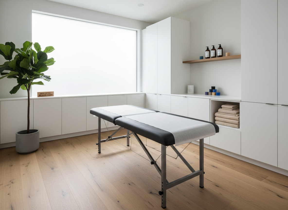 A modern manual therapy treatment room viewed from a slightly elevated angle, featuring a charcoal-gray adjustable therapy table centered on warm, light wood flooring. Around the room, minimalist white cabinetry, neatly stacked folded towels, and a small shelf with neatly arranged massage oils and kinesiology tape reinforce order and care. A large frosted window lets in diffused daylight that bathes the room in a soft, even glow, eliminating harsh shadows. A subtle green plant in one corner adds a touch of nature. The photographic realism emphasizes clean lines, neutral colors, and a calm, professional mood, with sharp focus throughout to showcase an uncluttered, high-performance environment dedicated to helping clients move better and recover faster.
