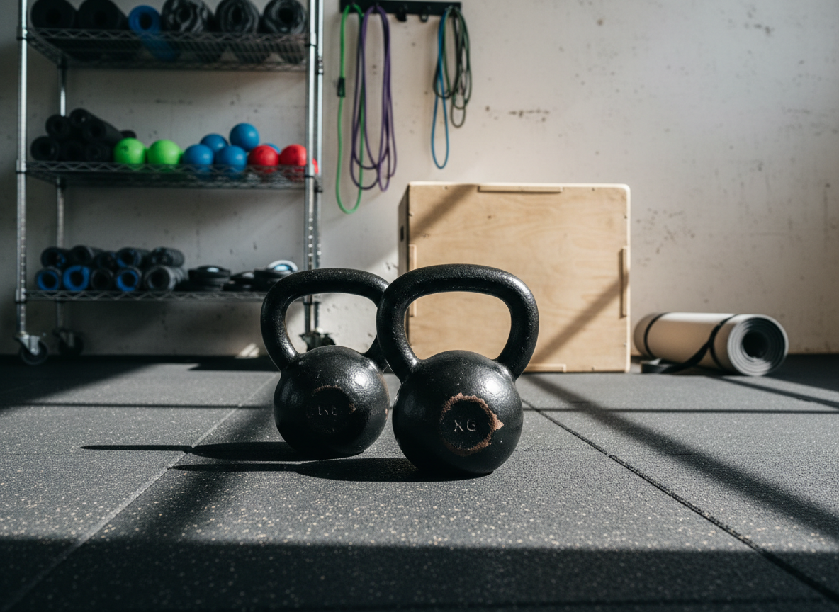 A pair of well-used but clean black kettlebells with subtle scuff marks rests on a rubberized gym floor, positioned near a low wooden plyometric box and a rolled gray exercise mat. In the midground, a rack of neatly organized mobility tools—foam rollers, lacrosse balls, and resistance bands—sits against a concrete wall painted in muted white. Natural light from high windows creates diagonal beams across the floor, casting dynamic, elongated shadows from the kettlebells. Photographic realism with a slightly low-angle composition and moderate depth of field creates an energetic yet controlled atmosphere, suggesting strength, resilience, and performance-focused rehabilitation that bridges therapy and high-level training.